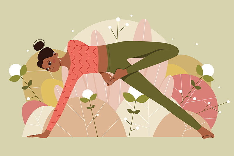 Ilustração de mulher praticando yoga. Ela veste calça verde e blusa rosa, tem o cabelo preso em um coque. Fazer yoga, atividades físicas e meditar são recomendações para aliviar os sintomas da TPM